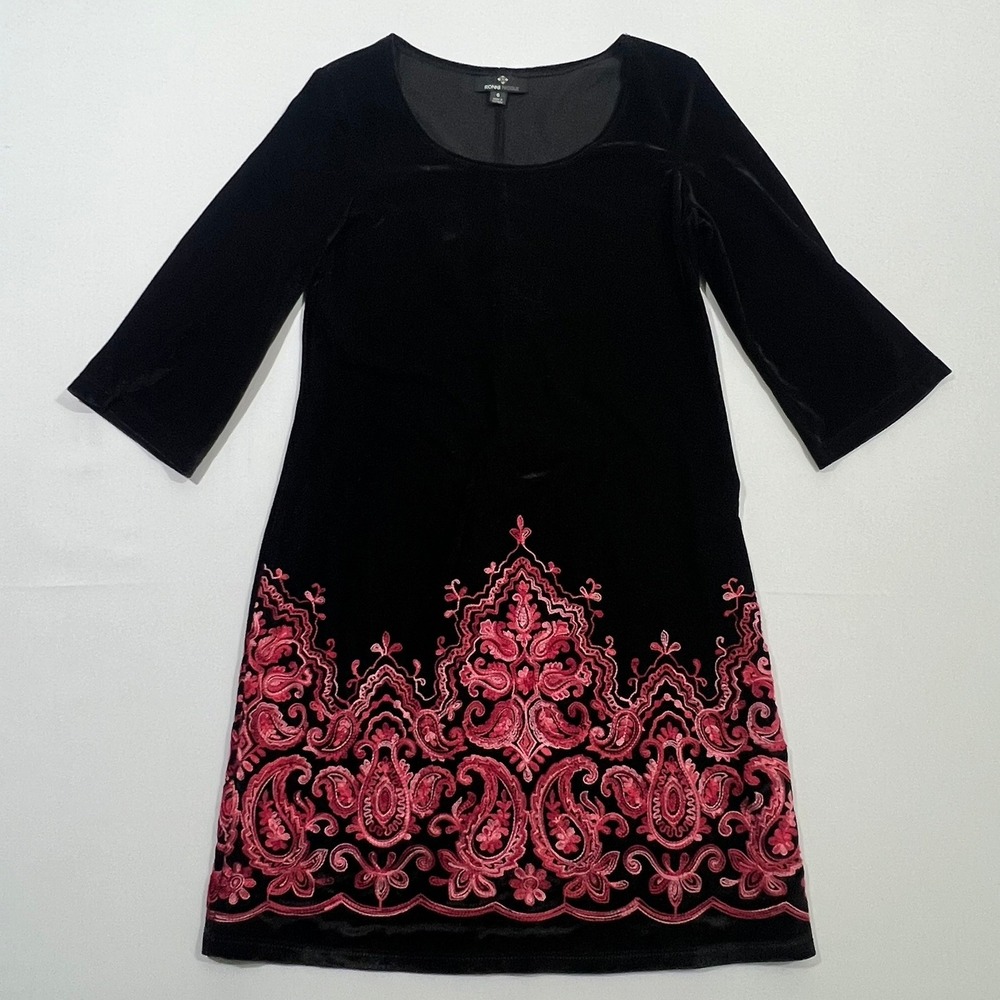 Ronni Nicole Shift Dress Velvet Paisley Embroidered Black Pink Womens 6